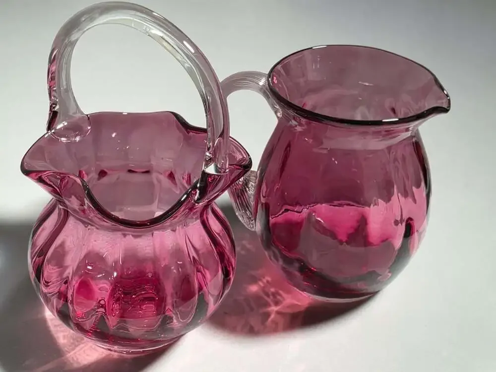 Vntg Pilgrim Art Glass Cranberry Ribbed Basket & Pitcher Set with Clear Handles